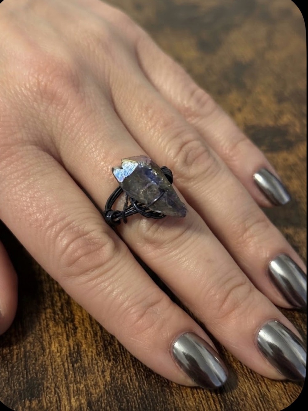 Aura Quartz  Point Wire-Wrapped Ring in Blue wire